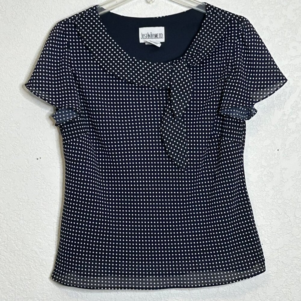 Just In Thyme LTD Women's Blouse Navy Blue and White Polka Dot size 14 - Picture 11 of 12